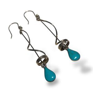 VTG 925 Silver Turquoise Dangle Earrings Made in Mexico 3” Drop Modernist Style